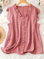 Women'S Plus Size Sleeveless Blouse - Elegant V-Neck With 3D Dot Lace Trim, Polka Dot Pattern, Ruffled Detail, Polyester, Perfect For Casual Or Formal Occasions, Casual Wear Blouses | Polka Dot Design | Delicate Lace Detailing - Image 2