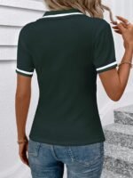 Women'S Elegant Black Shirt With White Collar & Cuff Detail - Short Sleeve, Zippered, Stretchy Polyester-Spandex Blend, Machine Washable, Perfect For Casual Or Professional Outfits - Image 7