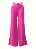 Elegant High-Waist Cross Detail Transparent Mesh Patchwork Pants, Solid Color, Polyester, Machine Washable - All Seasons - Image 9