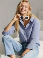 Elegant Striped Button-Up Shirt For Women - Chic Long Sleeve, Lightweight Polyester Blend, Versatile Blue With White Stripes, Ideal For Spring/Summer - Image 2