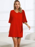 Women'S Plus Basic Lounge Dress, Plus Size Solid Half Sleeve V Neck Loose Fit Sleep Dress - Image 2