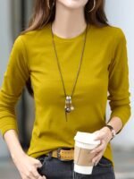 Women'S Elegant Crew Neck T-Shirt, 100% Polyester Knit Fabric, High Stretch Solid Color Top, Regular Length, 180Gsm - Spring/Summer Fashion - Image 8