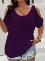 Women'S Elegant Off-Shoulder Round Neck T-Shirt - Soft Stretchy Fabric, Solid Color Summer Casual & Formal Wear, Hand Wash Only, Everyday Comfort Tee, Elegant Shirt, Comfortable Fit Shirt
