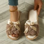 Colorblock Fuzzy Home Warm Slippers, Bowknot Decor Soft Sole Lightweight Fuzzy Shoes, Non-Slip Winter Plush Shoes - Image 10