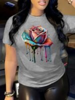 Rose Print Crew Neck T-Shirt, Casual Short Sleeve Tee For Spring & Summer, Women'S Clothing - Image 4