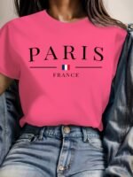 Paris France Casual Crew Neck T-Shirt - Geometric Pattern, Polyester Knit Fabric, Regular Length, Summer Wear, Soft And Comfortable - Image 4