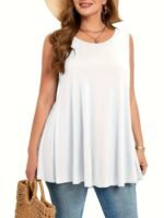 Women'S Plus Size Sleeveless Olive Green Round Neck Tank Top - Loose Fit Summer Vacation Top, Machine Washable Casual Chic Shirt For Beach Outings & Lounge Wear, Summer Tank Tops - Image 6