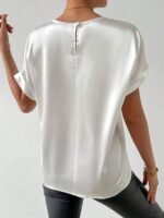Women'S Elegant Satin Top, 100% Polyester Crew Neck Short Sleeve Solid Color Blouse, Regular Fit Casual Loose Tops For Spring/Summer, Woven Lightweight Fabric 120G/M? - All Seasons - Image 4