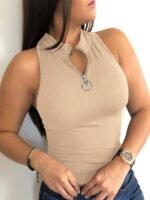 Zip Up Solid Tank Top, Casual Ribbed Sleeveless Tank Top For Summer, Women'S Clothing - Image 5