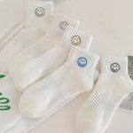 5 Pairs Of Women'S Cute Cartoon White Joyful Face Ankle Socks