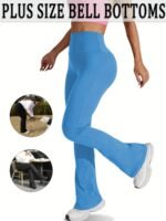 Plus Size Sports Pants, Women'S Plus Solid Wide Waistband High Rise Flared Leg High Stretch Yoga Trousers Suitable Spring/Autumn - Image 3