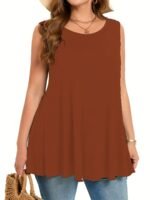 Plus Size Women'S Stretchy Sleeveless Round Neck Tank Top - Solid Color Casual Vacation Wear, Machine Washable Spring/Summer Tops, Ladies Tank Tops, Summer Plus Top, Flowy Fabric Top, Nontransparent Fabric, Travel Clothing, Relaxed Fit, Breathable Material, Warm Weather Outfits - Image 3