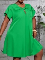 Women'S Elegant Bow Tie Neckline Dress - Vibrant Green Fitted Solid Color, Short Sleeve Lightweight For Spring Summer Fall, Casual To Semi-Formal Occasions, Seasonal Fashion, Smooth Glossy Texture, Spring Fashion, Quality Stitching, Stylish Ladies - Image 8