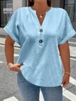 Women'S Light Green V-Neck Blouse With Button Details - Casual Short Sleeve Top For Spring/Summer, Soft Polyester Fabric, Elegant Solid Color Design, Versatile Blouse | Vneck Blouse | Elastane Comfort Fit - Image 3