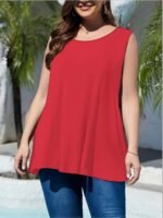 Women'S Plus Size Sleeveless Olive Green Round Neck Tank Top - Loose Fit Summer Vacation Top, Machine Washable Casual Chic Shirt For Beach Outings & Lounge Wear, Summer Tank Tops - Image 3