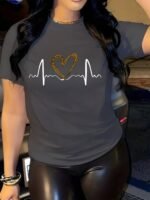 Leopard Heart Print Comfy T-Shirt, Round Neck Short Sleeve Sports Tee, Women'S Activewear - Image 9