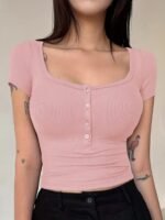 Women'S Elegant Ribbed Crop Top With Button Front - Pink, Short Sleeve, Button-Up Shirt For Spring/Summer, Polyester Blend, Machine Washable, Spring Fashion Tee | Buttonup Shirt | Texture - Image 4