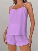Women'S Plus Size Lace Trim Cami Pajama Set - Soft Polyester, Solid Color, Ruffled Detail, Comfortable Sleepwear For Spring/Summer/Fall, Relaxed Fit Pajamas | Ruffled Detail Clothing | Smooth Texture Fabric - Image 5