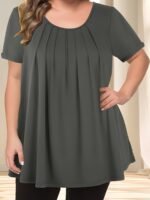 Women'S Casual Crew Neck Short Sleeve Blouse, Solid Color Plus Size, Lightweight Polyester With Subtle Stretch, Flared Hem, Spring/Summer Fashion Top, Casual Wear Blouse | Elegant Plus Size | Simple Eleganc - Image 8