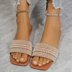 Elegant Women'S Summer Flat Slide Sandals - Chic Square Toe With Pearl & Rhinestone Embellishments, Casual Slip-On Design, Faux Cover Upper & Rubber Sole, Ladies Sandals - Image 11