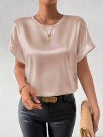 Women'S Batwing Short Sleeve Round Neck Blouse - Elegant Solid Color Non-See-Through Shirt, Machine Washable Lightweight Top For Spring Summer Fall, Versatile Casual & Formal Wear, Seasonal Fashion, Flowing Silhouette, Smooth Texture - Image 4