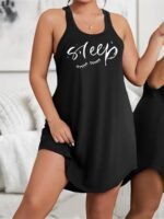 Plus Size Basic Loungewear Dress, Women'S Plus Eyelash & Letter Print Scoop Neck Racer Back Curve Hem Tank Sleep Dress - Image 4