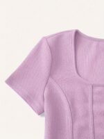 Solid Color Square Neck Bustier T-Shirt, Casual Short Sleeve Crop Knitted T-Shirt For Summer, Women'S Clothing - Image 9