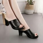 Elegant Women'S Summer Slide Sandals - Black Chunky Heel Peep Toe Mules, Easy Slip-On, Synthetic Cover, Rubber Sole, Perfect For Casual Wear
