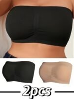 2Pcs Strapless Seamless Breathable Solid Color Comfortable Versatile Simple Sexy Plus Size Women'S Anti-Slip Ruched Bra Top Wardrobe Essential Set