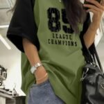 Everyday Women'S Y2K T-Shirt - Colour Blocked Sleeves, Round Neck, Short Sleeves, Polyester Blend Fabric, "215.9Cm Letters And Numbers Printed On The Same Pattern As Tuso, Four Seasons Jersey Fabric, Machine Washable.