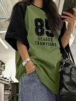 Everyday Women'S Y2K T-Shirt - Colour Blocked Sleeves, Round Neck, Short Sleeves, Polyester Blend Fabric, "215.9Cm Letters And Numbers Printed On The Same Pattern As Tuso, Four Seasons Jersey Fabric, Machine Washable.