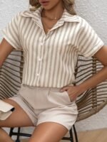 Women'S French Polo Shirt With Batwing Sleeves, Striped Print, 100% Polyester, Regular Length, Button Detail, Woven Fabric, 120G/M?, Spring/Summer/Fall Season - Image 5