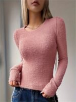Women'S Cozy Crew Neck Sweater - Soft Long Sleeve Pullover, Solid White, Casual Spring/Fall Top With Button Detail, Perfect For Casual Attire, Sweater Shrug - Image 2