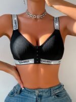 Women'S Sexy Striped Front Clasp Bra, Silver Thread Accent, 90% Polyester 10% Elastane, Knit Fabric, No Underwire, Solid Color, Comfortable Fit, Adult Size - Image 4