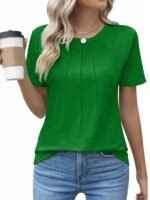 Women'S Casual Summer T-Shirt - Solid Color, Round Neck, Short Sleeve, Comfortable Loose Fit, Dark Blue, Polyester Blend, Machine Washable, Casual Summer Wear | Round Neck Tshirt | Texture - Image 4