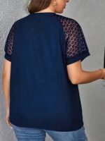 Women'S Plus Size Elegant V-Neck T-Shirt With Contrast Lace Detail, Short Sleeve Casual Top For Spring/Summer, Polyester Knit Fabric, 180Gsm - Purple With Black Text "Handmade" - Image 8