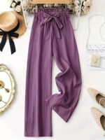 Plus Size - Women'S Elegant Textured Wide-Leg Pants With Bow Detail - Light Blue Solid Color, Loose Fit Straight-Leg Trousers For Spring, Summer & Fall, Versatile Casual To Formal Wear, Seasonal Fashion, Nonstretch Fabric - Image 3