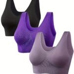 3Pcs Women'S Plus Size Black Sports Bras - Wireless, Padded, Full Coverage, Nylon Blend, Medium Support For Running, Yoga & Workouts, Yoga Apparel | Sleek Design | Comfort Fit, Workout Accessories