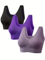 3Pcs Women'S Plus Size Black Sports Bras - Wireless, Padded, Full Coverage, Nylon Blend, Medium Support For Running, Yoga & Workouts, Yoga Apparel | Sleek Design | Comfort Fit, Workout Accessories