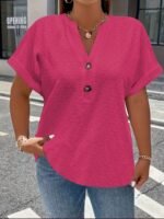 Women'S Light Green V-Neck Blouse With Button Details - Casual Short Sleeve Top For Spring/Summer, Soft Polyester Fabric, Elegant Solid Color Design, Versatile Blouse | Vneck Blouse | Elastane Comfort Fit - Image 7