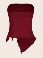 Y2K Asymmetrical Hem Strapless Top With Ruched Detail & Side Tassel - High Elasticity Burgundy Solid Color Women'S Fashion Top For All Seasons, Casual Outfit, Trendy Style, Soft Material, Stylish Blouse, Women - Image 6