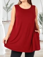 Women'S Plus Size Sleeveless Tank Top With Pockets - Casual, Comfortable, And Stylish Red Blend Vest For Casual Attire, Plus Size - Image 2