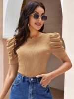 Solid Crew Neck T-Shirt, Elegant Puff Sleeve Top For Spring & Summer, Women'S Clothing - Image 5
