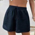 Women'S Casual Solid Color Navy Blue Knot Waist Shorts - Elastic Waistband, Drawstring Tie, Lightweight Fabric, Perfect For Spring/Summer/Fall, Beachwear Essentials, Knotted Waiststyle, No Stretch Material