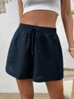 Women'S Casual Solid Color Navy Blue Knot Waist Shorts - Elastic Waistband, Drawstring Tie, Lightweight Fabric, Perfect For Spring/Summer/Fall, Beachwear Essentials, Knotted Waiststyle, No Stretch Material