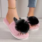 Women'S All-Season Slip-On Slippers With Plush Faux Fur Trim & Sparkling Embellishments - Soft Fabric Indoor House Shoes For Home, Lounge, Or Casual Wear, Cute Slippers, Loungewear Essentials, Playful Design, Durable Eva Sole - Image 11