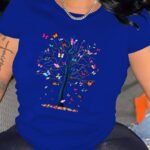 Butterfly Tree Print Crew Neck T-Shirt, Casual Short Sleeve T-Shirt For Spring & Summer, Women'S Clothing