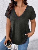 Women'S Elegant V-Neck Short Sleeve T-Shirt - Soft Stretch Fabric, Machine Washable, Solid Color Casual Top For Spring Summer Fall, Seasonal Fashion, Versatile Clothing, Nontransparent Material - Image 8