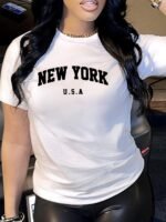 New York Letter Print T-Shirt, Short Sleeve Crew Neck Casual Top For Summer & Spring, Women'S Clothing - Image 3