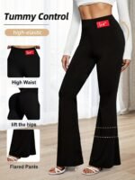 Women'S High-Waisted Flared Leggings - Elastic Waistband, Mid-Rise 9/10 Length, Stretchy Comfort Fit For Spring/Autumn Casual Wear, Black, High Waisted Leggings - Image 4